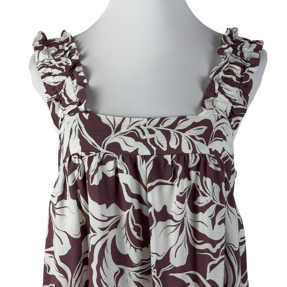 A New Day Women's Large Floral Ruffle Strap‎ Smocked Midi Dress Plum Cream - Picture 2 of 8